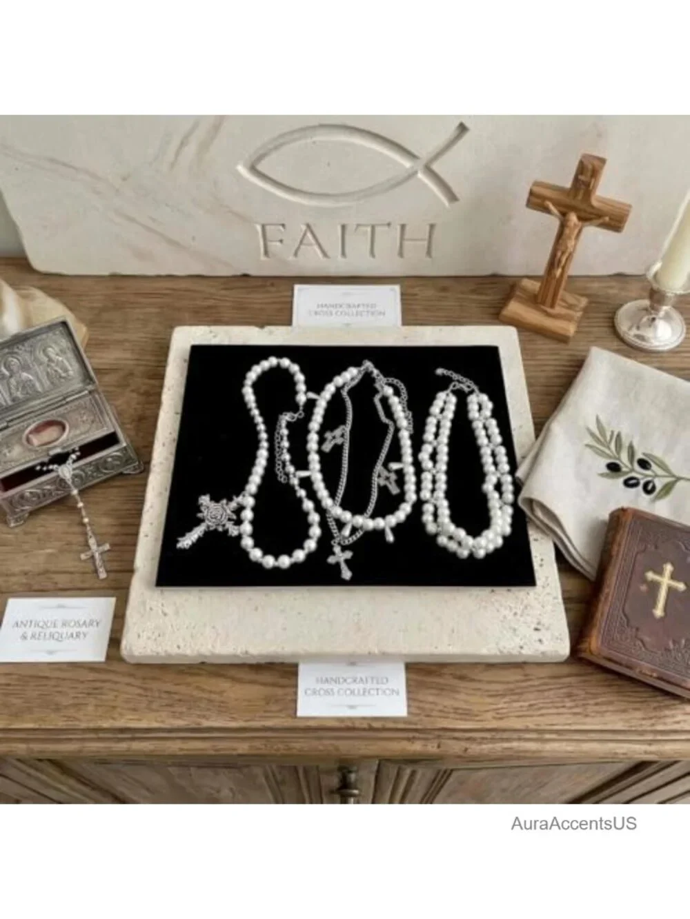 Layered Faux Pearl Cross Choker Necklace Women Silver-Tone Gothic Punk Y2K